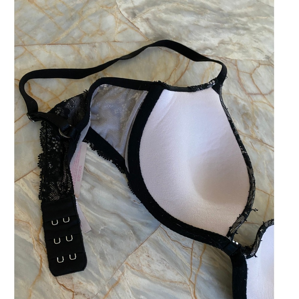 Victoria's Secret Padded Demi Bra Black Lace Rhinestone 32B Floral Scallop Trim - Picture 6 of 14